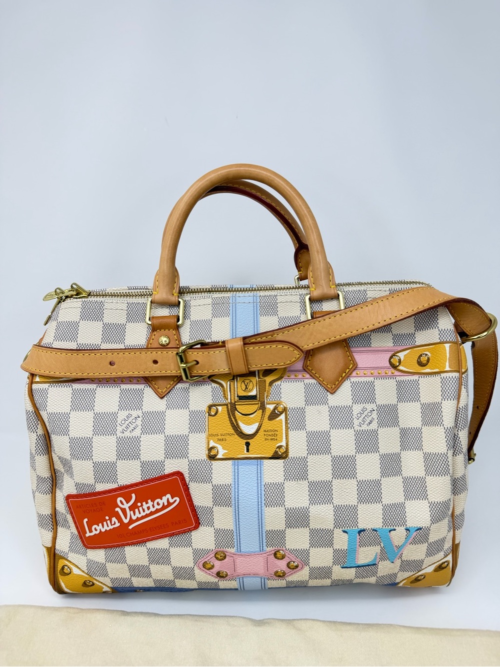 Louis Vuitton Speedy Bandouliere 30 Damier Azur Summer Trunks Satchel Bag M44388